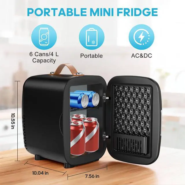 Alt view image 3 of 7 - DUMOS Mini Fridge for Bedroom, 4L Compact Personal Fridge Cooler For Skincare, Drinks, And Snacks, Fits 6 Cans, Mini Refrigerator with 110V Ac/12V Dc, Ideal For Car, Dorm, Black