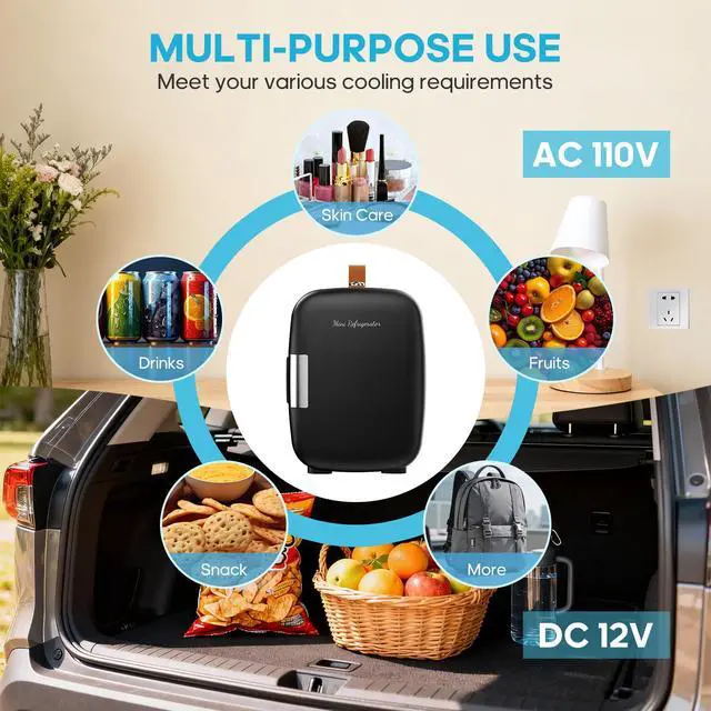 Alt view image 5 of 7 - DUMOS Mini Fridge for Bedroom, 4L Compact Personal Fridge Cooler For Skincare, Drinks, And Snacks, Fits 6 Cans, Mini Refrigerator with 110V Ac/12V Dc, Ideal For Car, Dorm, Black