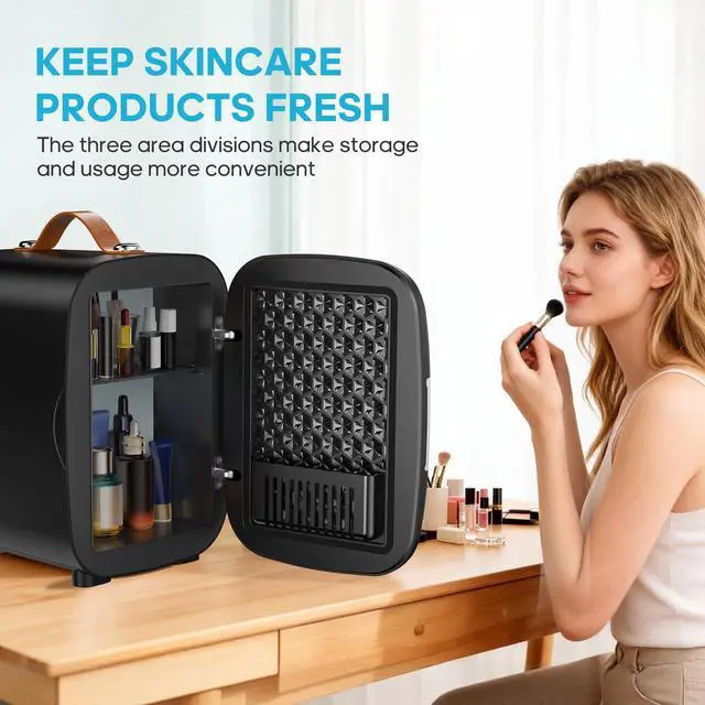 Alt view image 6 of 7 - DUMOS Mini Fridge for Bedroom, 4L Compact Personal Fridge Cooler For Skincare, Drinks, And Snacks, Fits 6 Cans, Mini Refrigerator with 110V Ac/12V Dc, Ideal For Car, Dorm, Black