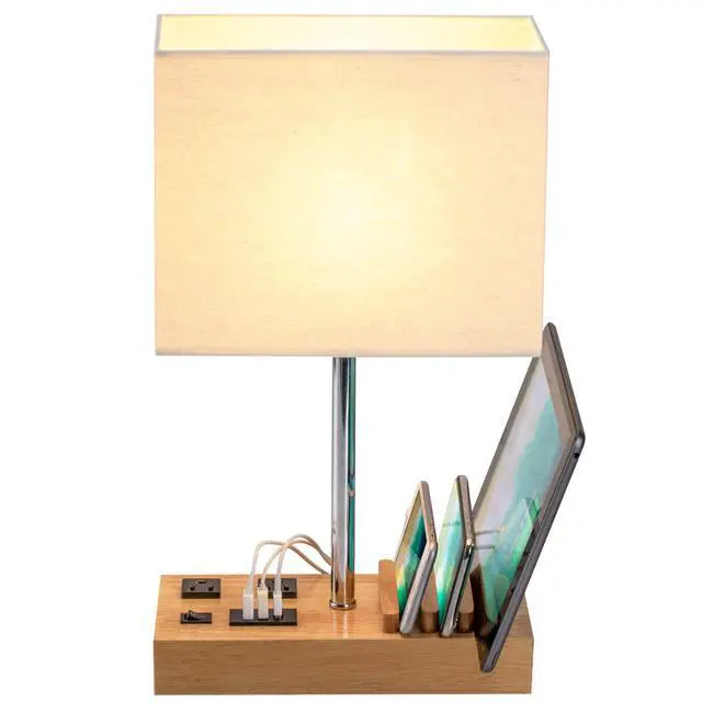 Alt view image 2 of 7 - Dreamholder Desk Lamp with 3 USB Charging Ports, Table Lamp with 2AC Outlets and 3 Phone Stands, Nightstand Bedside Lamp with Natural Wooden Base and Cream Linen Shade