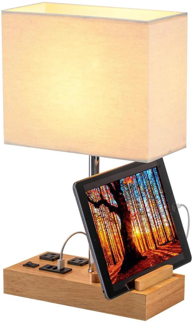 Alt view image 4 of 7 - Dreamholder Desk Lamp with 3 USB Charging Ports, Table Lamp with 2AC Outlets and 3 Phone Stands, Nightstand Bedside Lamp with Natural Wooden Base and Cream Linen Shade