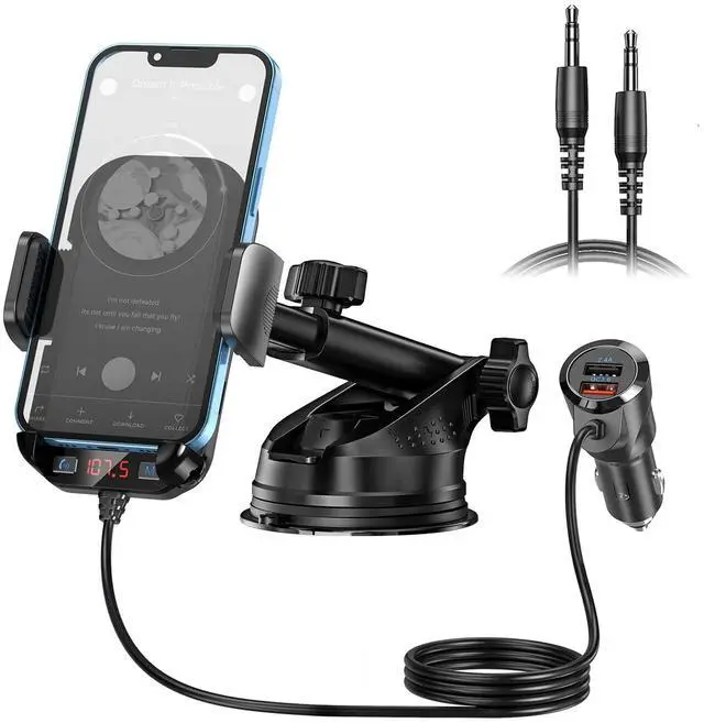Main image of Bluetooth Car Adapter 3 in 1 FM Transmitter Car Radio Bluetooth Transmitter with Phone Holder, QC3.0 Fast Charging, Strong Microphone, HiFi Bass Sound, Hands-Free Call, Support USB/TF Drive