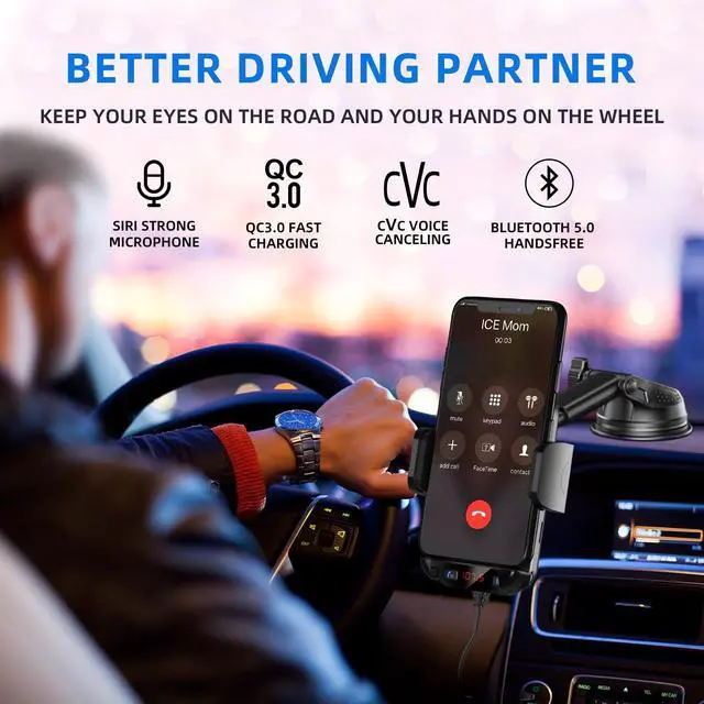 Alt view image 3 of 7 - Bluetooth Car Adapter 3 in 1 FM Transmitter Car Radio Bluetooth Transmitter with Phone Holder, QC3.0 Fast Charging, Strong Microphone, HiFi Bass Sound, Hands-Free Call, Support USB/TF Drive