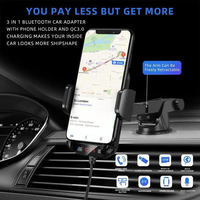 Alt view image 4 of 7 - Bluetooth Car Adapter 3 in 1 FM Transmitter Car Radio Bluetooth Transmitter with Phone Holder, QC3.0 Fast Charging, Strong Microphone, HiFi Bass Sound, Hands-Free Call, Support USB/TF Drive