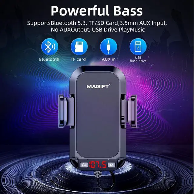 Alt view image 6 of 7 - Bluetooth Car Adapter 3 in 1 FM Transmitter Car Radio Bluetooth Transmitter with Phone Holder, QC3.0 Fast Charging, Strong Microphone, HiFi Bass Sound, Hands-Free Call, Support USB/TF Drive
