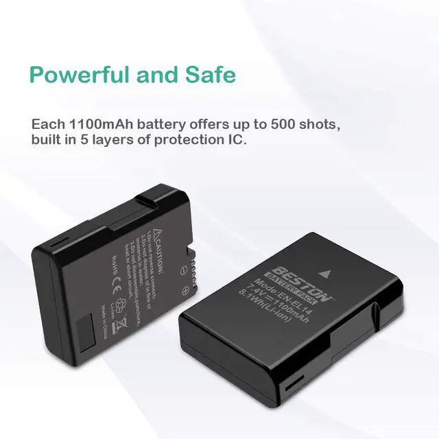 Alt view image 2 of 7 - 2-Pack EN-EL14 / EN-EL14a Battery Packs and Rapid USB Charger Compatible with Nikon D3100 D3200 D3300 D3400 D3500 D5100 D5200 D5300 D5500 D5600 DF Coolpix P7000 P7100 P7700 P7800 Cameras