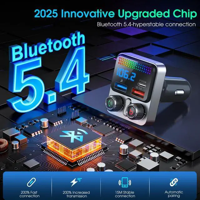 Alt view image 3 of 7 - Bluetooth 5.4 Car Adapter 48W Charging USB Bluetooth Adapter for Car,Wireless Fm Transmitter Radio,Song Switching,Handsfree Calling and Audio Receiver,HiFi Music Player,Matrix LED Effects