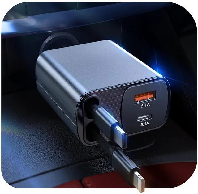 Main image of 2026 Updated 85W Retractable Car Charger, 4-in-1 Fast Car Phone Charger with 2.6ft Two Retractable Cables and USB C+USB A Car Charging Block Cube, Compatible with iPhone 13 14 15 16 17 Pro Max, Plus