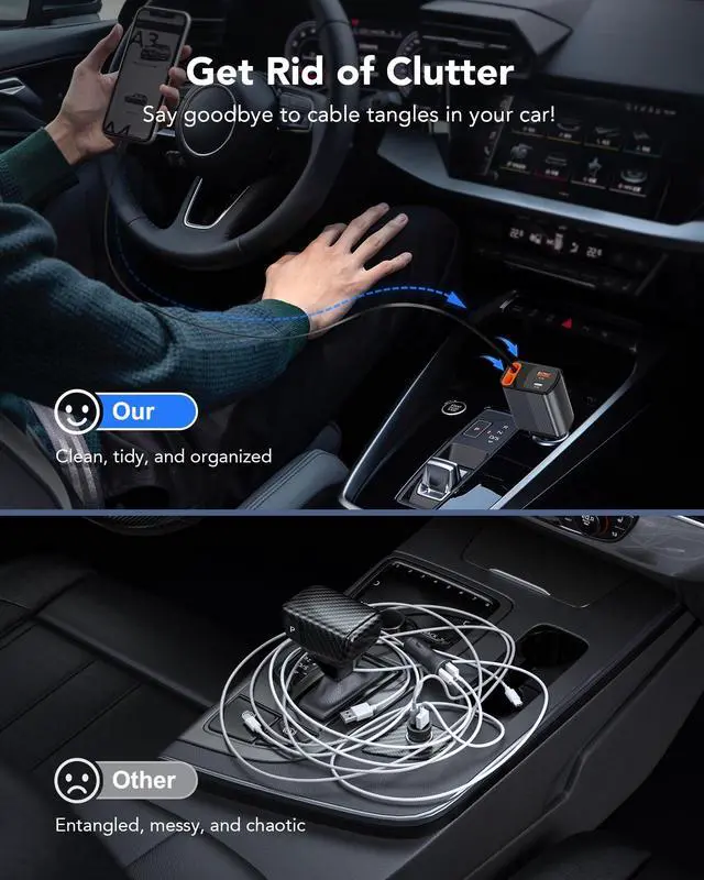 Alt view image 2 of 7 - 2026 Updated 85W Retractable Car Charger, 4-in-1 Fast Car Phone Charger with 2.6ft Two Retractable Cables and USB C+USB A Car Charging Block Cube, Compatible with iPhone 13 14 15 16 17 Pro Max, Plus