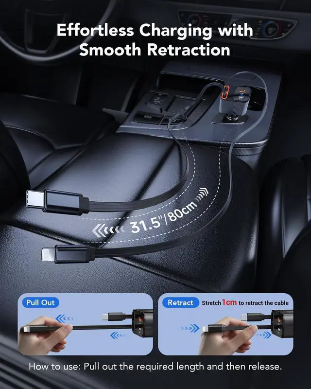 Alt view image 3 of 7 - 2026 Updated 85W Retractable Car Charger, 4-in-1 Fast Car Phone Charger with 2.6ft Two Retractable Cables and USB C+USB A Car Charging Block Cube, Compatible with iPhone 13 14 15 16 17 Pro Max, Plus