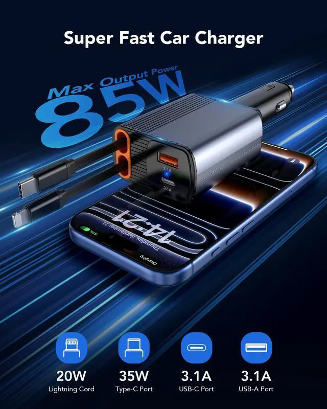 Alt view image 4 of 7 - 2026 Updated 85W Retractable Car Charger, 4-in-1 Fast Car Phone Charger with 2.6ft Two Retractable Cables and USB C+USB A Car Charging Block Cube, Compatible with iPhone 13 14 15 16 17 Pro Max, Plus
