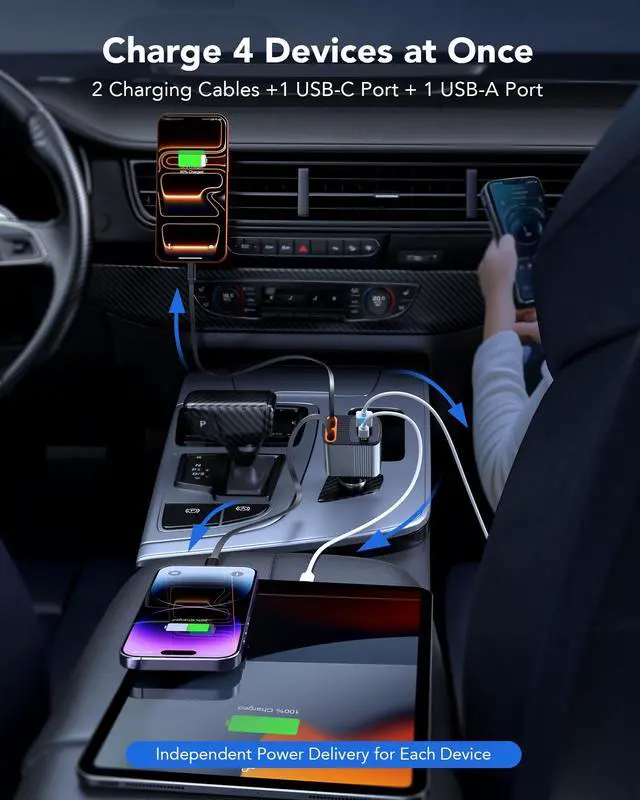 Alt view image 5 of 7 - 2026 Updated 85W Retractable Car Charger, 4-in-1 Fast Car Phone Charger with 2.6ft Two Retractable Cables and USB C+USB A Car Charging Block Cube, Compatible with iPhone 13 14 15 16 17 Pro Max, Plus