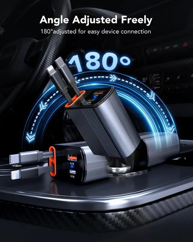 Alt view image 7 of 7 - 2026 Updated 85W Retractable Car Charger, 4-in-1 Fast Car Phone Charger with 2.6ft Two Retractable Cables and USB C+USB A Car Charging Block Cube, Compatible with iPhone 13 14 15 16 17 Pro Max, Plus