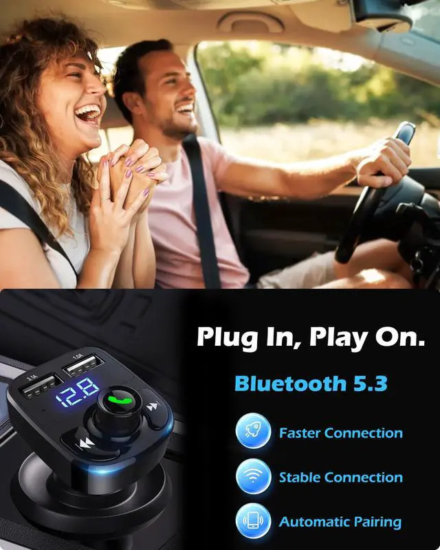 Alt view image 3 of 7 - Handsfree Call Car Charger, Wireless Bluetooth 5.3 FM Transmitter Radio Receiver, MP3 Audio Music Adapter, Dual USB Ports, LED Show Voltage/FM Frequency, Compatible for iPhone Samsung Smartphones