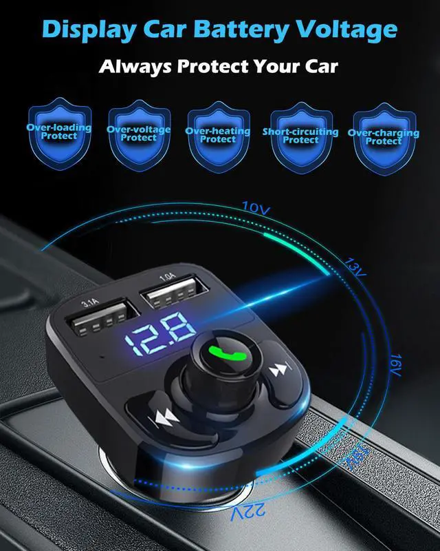 Alt view image 7 of 7 - Handsfree Call Car Charger, Wireless Bluetooth 5.3 FM Transmitter Radio Receiver, MP3 Audio Music Adapter, Dual USB Ports, LED Show Voltage/FM Frequency, Compatible for iPhone Samsung Smartphones