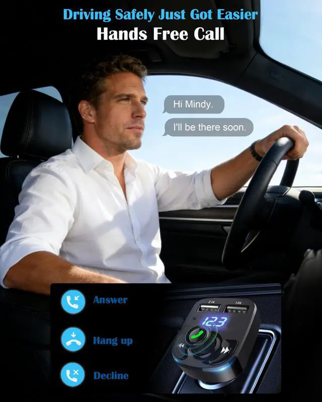 Alt view image 5 of 7 - Handsfree Call Car Charger, Wireless Bluetooth 5.3 FM Transmitter Radio Receiver, MP3 Audio Music Adapter, Dual USB Ports, LED Show Voltage/FM Frequency, Compatible for iPhone Samsung Smartphones