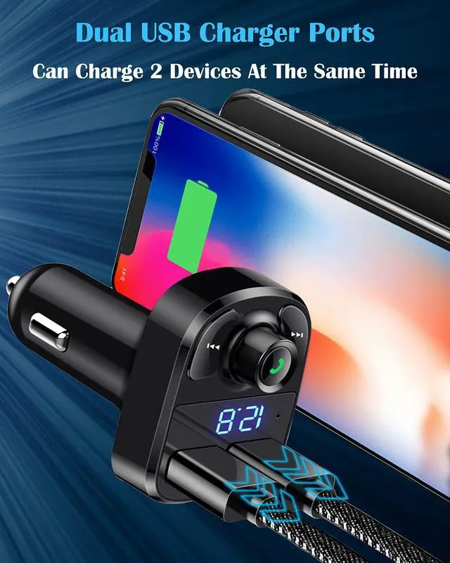 Alt view image 6 of 7 - Handsfree Call Car Charger, Wireless Bluetooth 5.3 FM Transmitter Radio Receiver, MP3 Audio Music Adapter, Dual USB Ports, LED Show Voltage/FM Frequency, Compatible for iPhone Samsung Smartphones