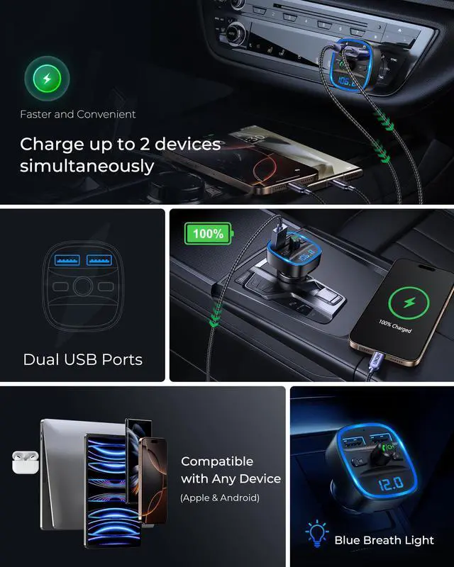 Alt view image 5 of 7 - T FM Transmitter, Bluetooth FM Transmitter Wireless Radio Adapter Car Kit with Dual USB Charging, Audio Receiver Car Charger MP3 Player, Support Hands-Free Calling, TF Card & USB Disk