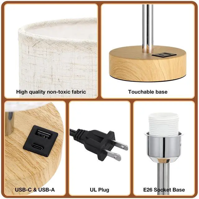Alt view image 6 of 7 - Touch Bedside Table Lamp with USB - 3 Way Dimmable Wood Lamp for Bedroom Nightstand, Desk Lamp with Charging Station for Dorm, Living Room, Office, Kids Room, Small, 14in