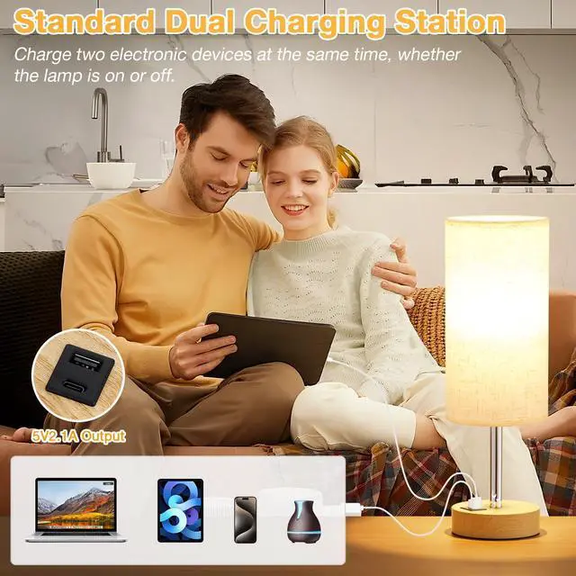 Alt view image 4 of 7 - Touch Bedside Table Lamp with USB - 3 Way Dimmable Wood Lamp for Bedroom Nightstand, Desk Lamp with Charging Station for Dorm, Living Room, Office, Kids Room, Small, 14in