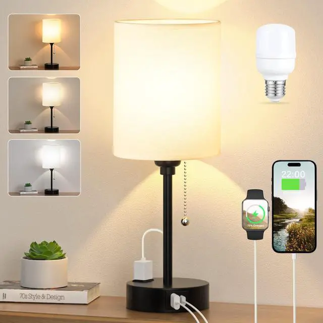 Main image of Small Bedside Table lamp for Bedroom - 3 Color Temperatures Bedside Lamps with USB C and A Ports, Pull Chain Table Lamps with AC Outlet, White Nightstand Lamps with Black Metal Base for Kids Reading