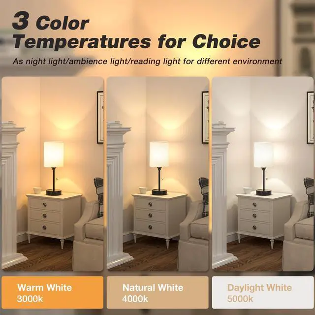 Alt view image 2 of 7 - Small Bedside Table lamp for Bedroom - 3 Color Temperatures Bedside Lamps with USB C and A Ports, Pull Chain Table Lamps with AC Outlet, White Nightstand Lamps with Black Metal Base for Kids Reading
