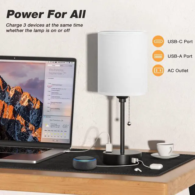 Alt view image 3 of 7 - Small Bedside Table lamp for Bedroom - 3 Color Temperatures Bedside Lamps with USB C and A Ports, Pull Chain Table Lamps with AC Outlet, White Nightstand Lamps with Black Metal Base for Kids Reading