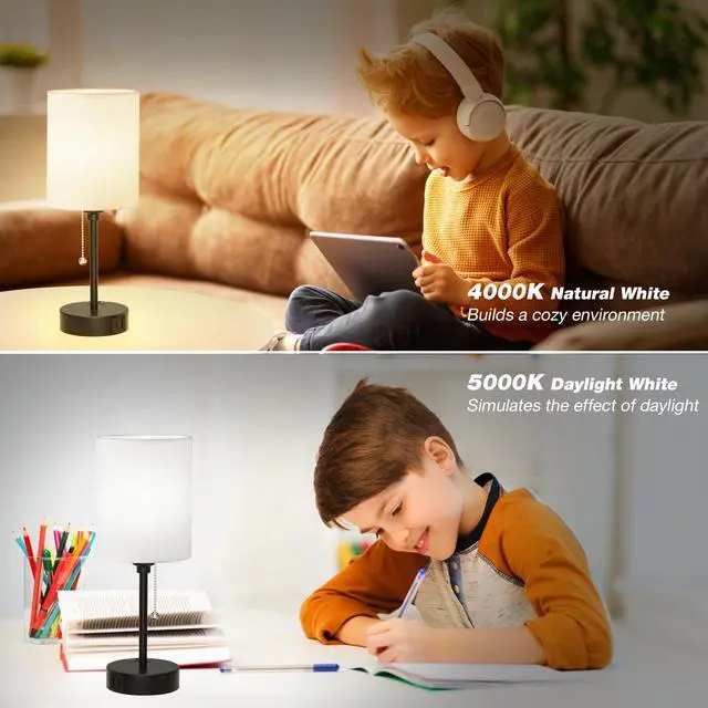 Alt view image 5 of 7 - Small Bedside Table lamp for Bedroom - 3 Color Temperatures Bedside Lamps with USB C and A Ports, Pull Chain Table Lamps with AC Outlet, White Nightstand Lamps with Black Metal Base for Kids Reading