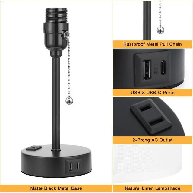 Alt view image 6 of 7 - Small Bedside Table lamp for Bedroom - 3 Color Temperatures Bedside Lamps with USB C and A Ports, Pull Chain Table Lamps with AC Outlet, White Nightstand Lamps with Black Metal Base for Kids Reading