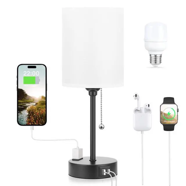Alt view image 7 of 7 - Small Bedside Table lamp for Bedroom - 3 Color Temperatures Bedside Lamps with USB C and A Ports, Pull Chain Table Lamps with AC Outlet, White Nightstand Lamps with Black Metal Base for Kids Reading