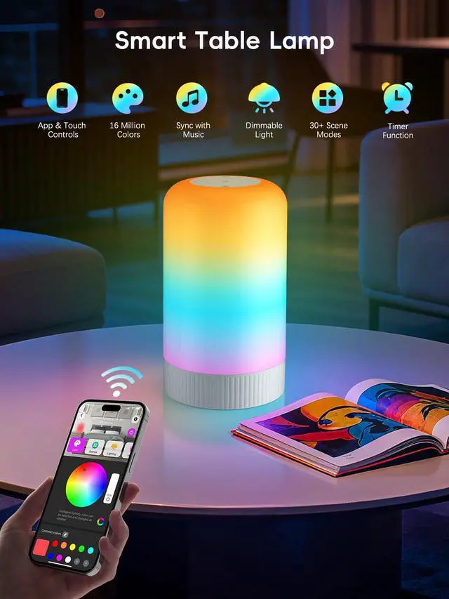 Alt view image 2 of 7 - RGBICWW Smart Table Lamp, Touch Bedside Lamp with App Control, LED Desk Lamp with Music Sync, 30+ Scenes & 16M Colors, Color Changing Lamp for Bedroom Living Room Gaming Dimmable Night Light, White
