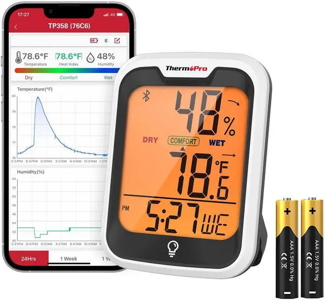 Main image of TP358 Bluetooth Thermometer for Room Temperature with Built-in Clock, Smart Temperature Sensor and Humidity Meter with Backlit, 260Ft Hygrometer Indoor Thermometer with Data Storage Export