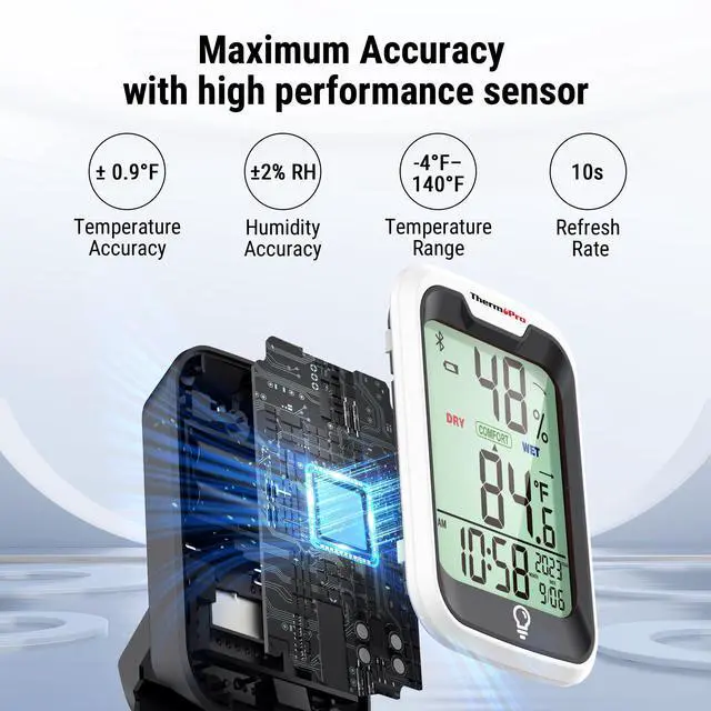 Alt view image 2 of 7 - TP358 Bluetooth Thermometer for Room Temperature with Built-in Clock, Smart Temperature Sensor and Humidity Meter with Backlit, 260Ft Hygrometer Indoor Thermometer with Data Storage Export