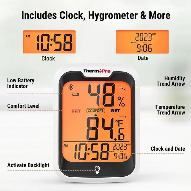 Alt view image 5 of 7 - TP358 Bluetooth Thermometer for Room Temperature with Built-in Clock, Smart Temperature Sensor and Humidity Meter with Backlit, 260Ft Hygrometer Indoor Thermometer with Data Storage Export