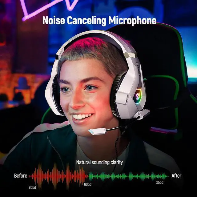 Alt view image 2 of 6 - Gaming Headset for PC, Ps4, Ps5, Xbox Headset with 7.1 Surround Sound Gaming Headphones with Noise Canceling Mic, LED Light Over Ear Headphones for Switch, Xbox Series X/S, Laptop, Mobile White