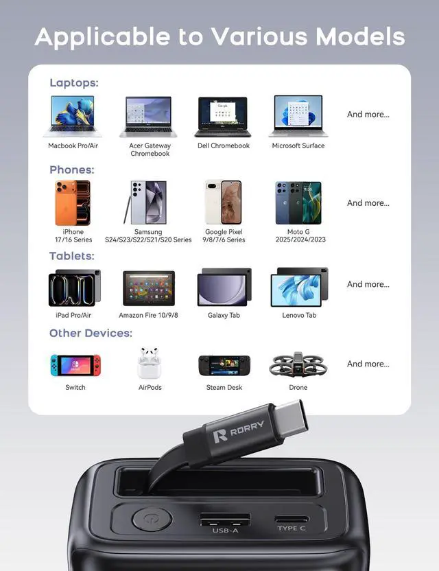 Alt view image 6 of 7 - Laptop Power Bank, 25000mAh 65W Portable Laptop Charger Battery Bank PD Fast Charger Built in Retractable Cables, for iPhone 17/16/15 Series, MacBook, Samsung, Dell, XPS, iPad, Steam Deck, Black