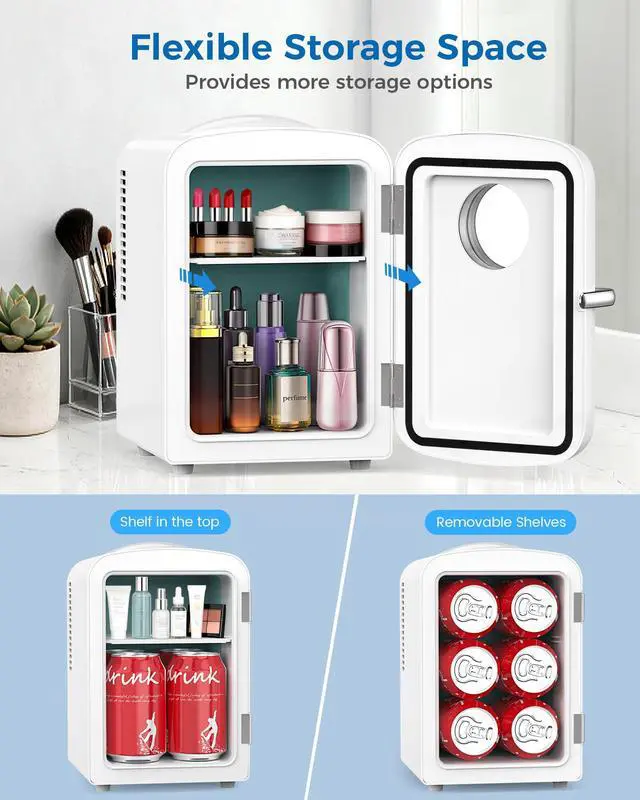 Alt view image 4 of 7 - Mini Fridge for Bedroom, 4L/6 Cans Small Cosmetic Fridge for Skincare, Makeup & Drink, With Observation Window, Portable Desk Fridge Cooler and Warmer for Kids, Car, Office, Dorm, White