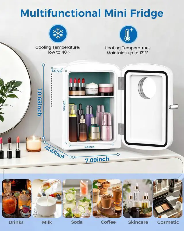 Alt view image 2 of 7 - Mini Fridge for Bedroom, 4L/6 Cans Small Cosmetic Fridge for Skincare, Makeup & Drink, With Observation Window, Portable Desk Fridge Cooler and Warmer for Kids, Car, Office, Dorm, White