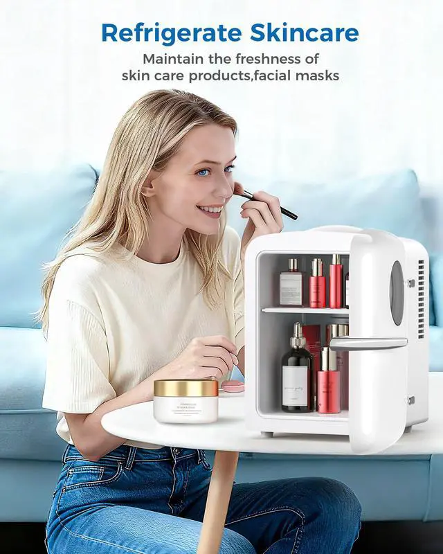 Alt view image 7 of 7 - Mini Fridge for Bedroom, 4L/6 Cans Small Cosmetic Fridge for Skincare, Makeup & Drink, With Observation Window, Portable Desk Fridge Cooler and Warmer for Kids, Car, Office, Dorm, White