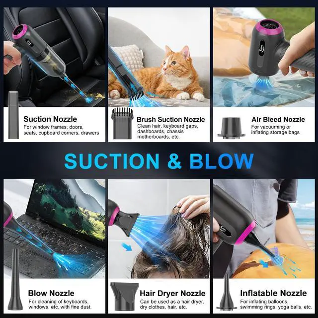 Alt view image 7 of 7 - Handheld Car Vacuum Cleaner, 4 in 1 Vacuum Cleaner 16000Pa Air Duster, 3-Speed Adjustable 120W High Power Vacuum Cleaner with LED Light and Multi-Nozzles for Car, Home, Office, Pet