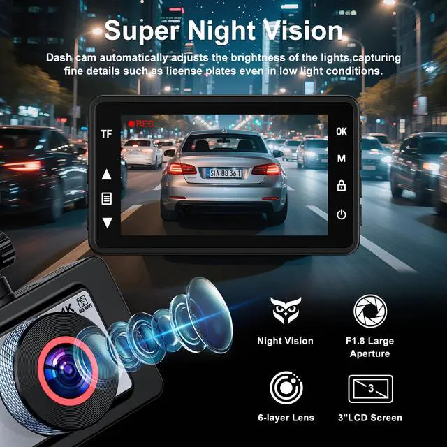 Alt view image 3 of 6 - Dash Cam Front and Rear, 4K Ultra HD Dash Camera for Cars, 64GB Card Included, Built-in 5G WiFi Mobile APP Control, 3" IPS Screen,Super Clear Night Vision, 170°Wide Angle,G-Sensor, 24H Parking Monitor