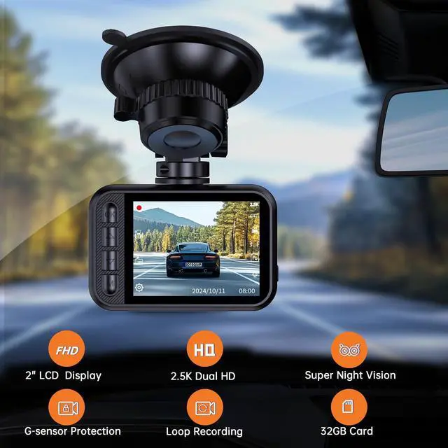 Alt view image 2 of 7 - Dash Cam Front and Rear, 2.5K Dual Dash Camera for Cars, 2560P Mini Car Camera, 2 inch IPS Screen, 32GB Card Included, WDR Night Vision, 24 Hours Parking Monitor, G-Sensor, Support 256 GB Max