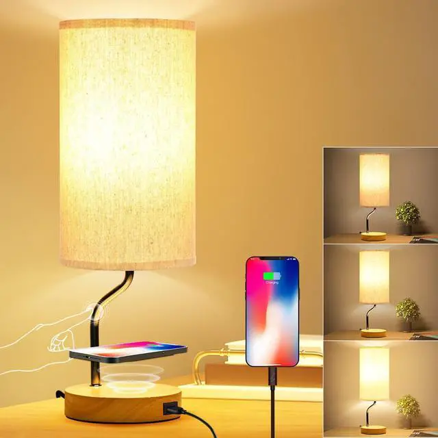 Main image of Upgraded Smart Bedside Table Lamp with Wireless Charger & USB Port - Touch Control LED Desk Lamp for Bedroom, Dimmable Wooden Nightstand Lamp with Fabric Shade for Home Living Room, Kid's Room Cream