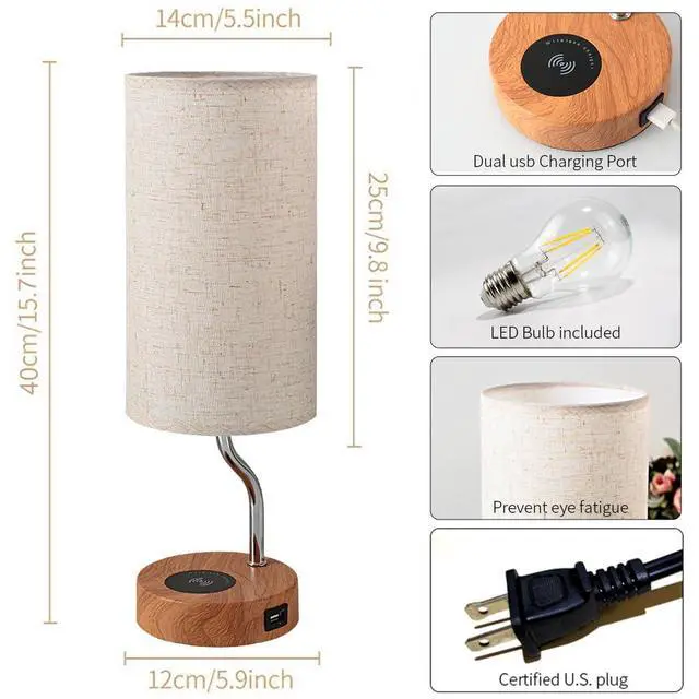 Alt view image 3 of 7 - Upgraded Smart Bedside Table Lamp with Wireless Charger & USB Port - Touch Control LED Desk Lamp for Bedroom, Dimmable Wooden Nightstand Lamp with Fabric Shade for Home Living Room, Kid's Room Cream