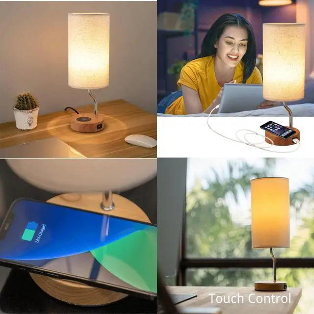 Alt view image 7 of 7 - Upgraded Smart Bedside Table Lamp with Wireless Charger & USB Port - Touch Control LED Desk Lamp for Bedroom, Dimmable Wooden Nightstand Lamp with Fabric Shade for Home Living Room, Kid's Room Cream