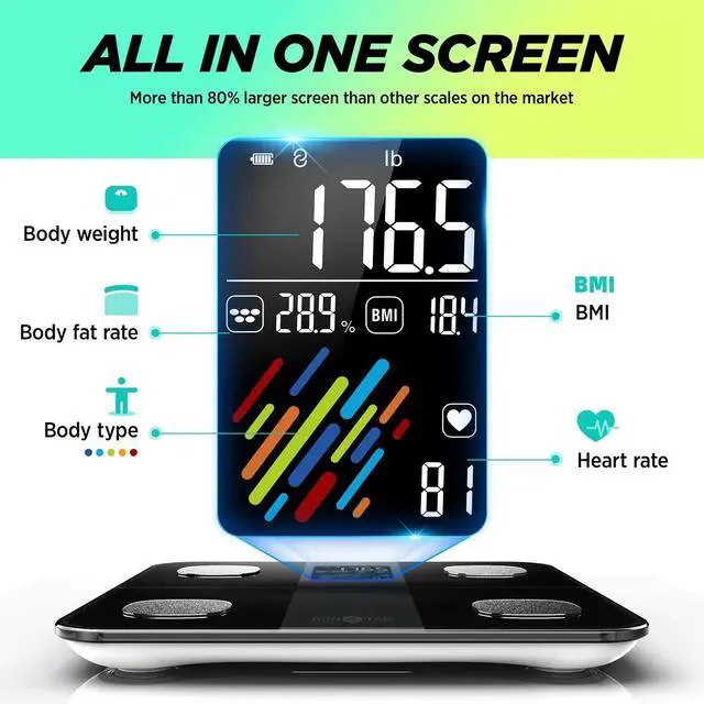 Alt view image 2 of 6 - Smart Scale for Body Weight and Fat Percentage, High Accuracy Digital Bathroom Scale with Large Display for BMI Heart Rate 22 Body Composition Analyzer Sync with Fitness App 400lb