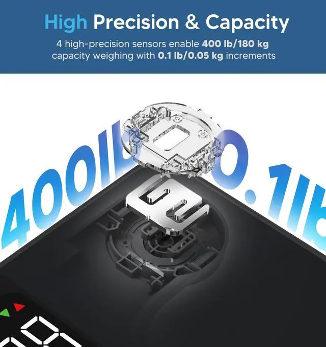 Alt view image 5 of 7 - Scale for Body Weight, Body Fat, BMI, Muscle Mass, Smart Bathroom Scales with 14 Body Composition Metrics with Large Display, Accurate Bluetooth Weighing Machine with Fitness App, 400 lbs, Black