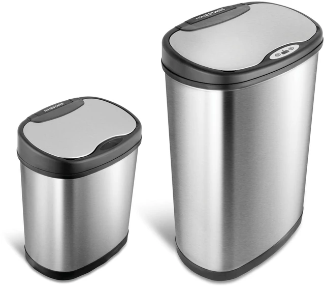 Main image of Two-Piece Automatic Trash Can Combo Set, 13 Gal (50L) & 3 Gal (12L) Touchless Motion Sensor Garbage Cans with Odor-Sealing Lids, Matching Oval Stainless Steel, Black Trim