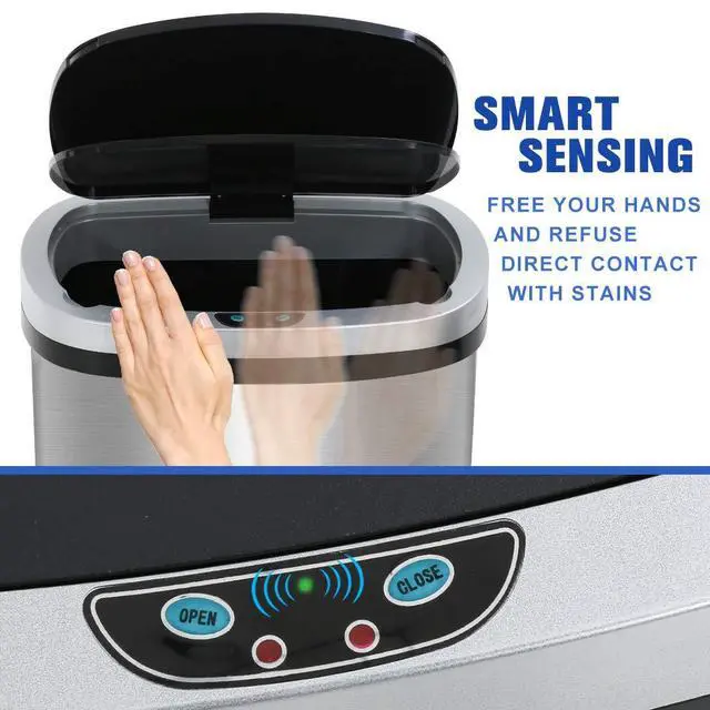 Alt view image 4 of 7 - Garbage Can 13 Gallon 50 Liter Kitchen Trash Can for Bathroom Bedroom Home Office Automatic Touch Free High-Capacity with Lid Brushed Stainless Steel Waste Bin
