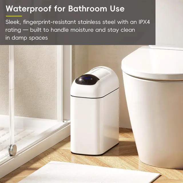 Alt view image 2 of 7 - Astro Slim Sensor Trash Can, 10L / 2.6 Gallon Touchless Garbage Bin with Soft-Close Retractable Wing Lid, Motion Sensor Stainless Steel Garbage Can for Bathroom, Kitchen, Office, Waterproof, White